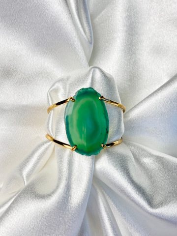 green agate slice cuff statement bracelet adjustable 18k gold plated handcrafted by AquaBrasil jewelry