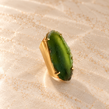 Green Agate Cuff Ring – 18K Gold Plated Adjustable Statement Ring