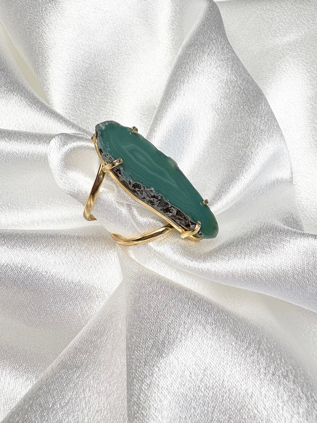 light green agate statement ring organic shaped stone on 18k gold plated adjustable band handcrafted by AquaBrasil