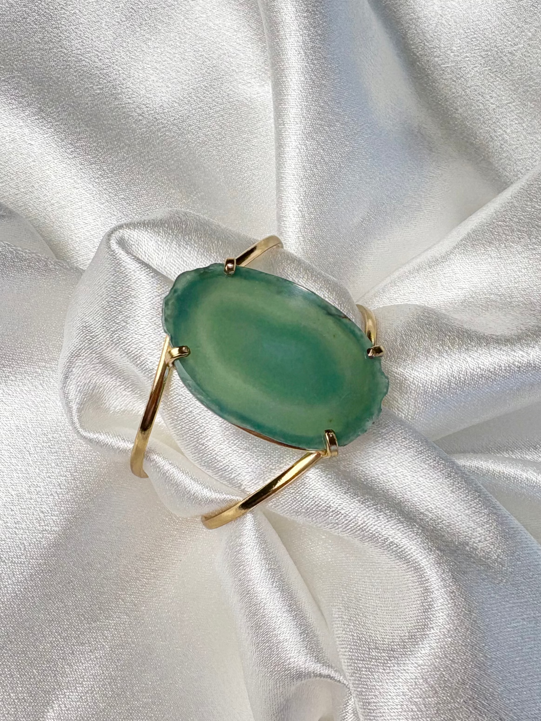 green agate slice cuff statement bracelet adjustable 18k gold plated handcrafted by AquaBrasil jewelry