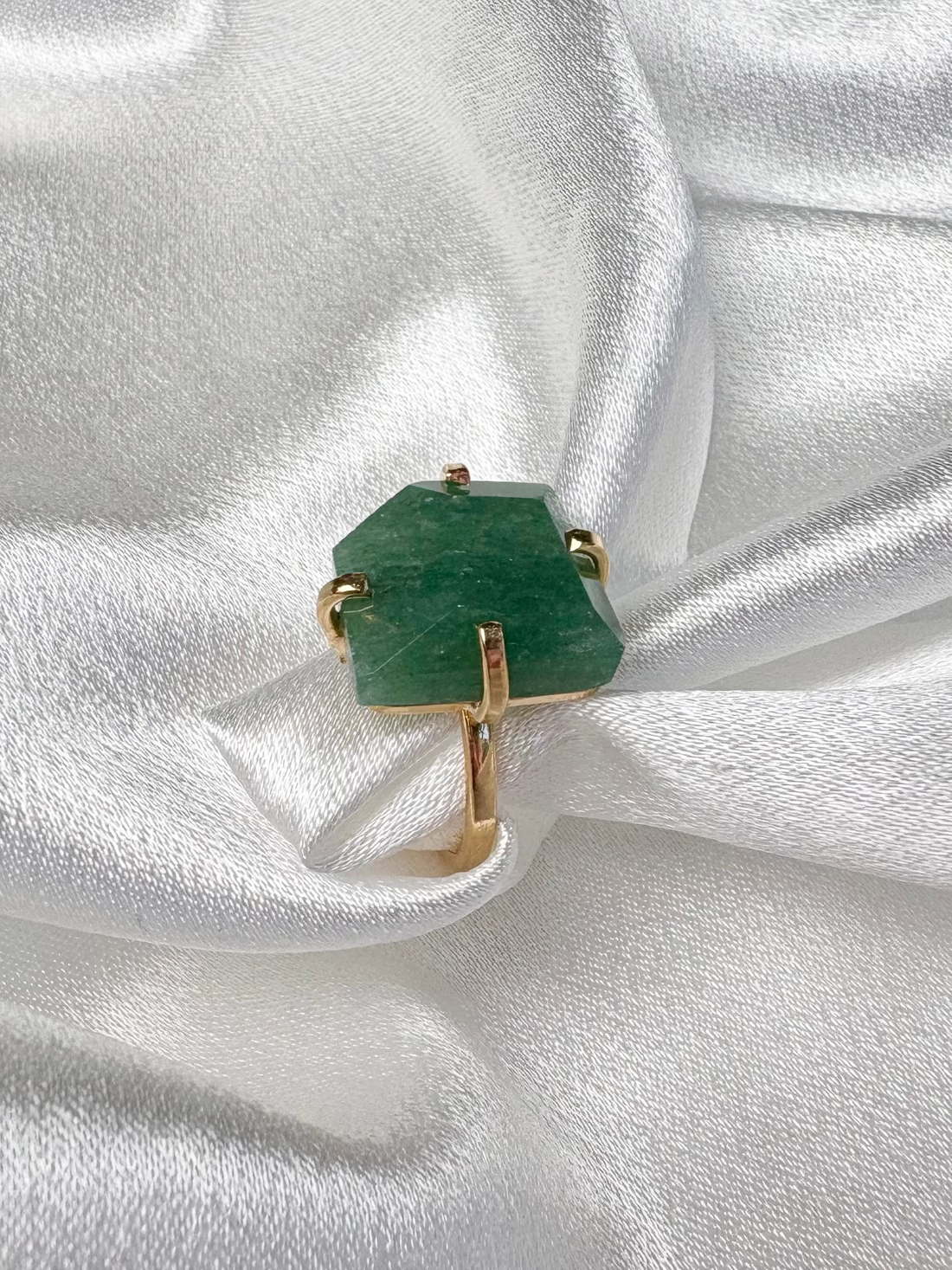 green quartz facet solitaire ring with free form stone on 18k gold plated adjustable band handcrafted by AquaBrasil