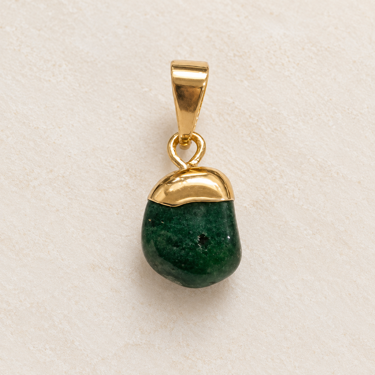 Natural green quartz tumbled stone pendant with 18K gold-plated cap and bail
