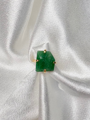 green quartz facet solitaire ring with free form stone on 18k gold plated adjustable band handcrafted by AquaBrasil