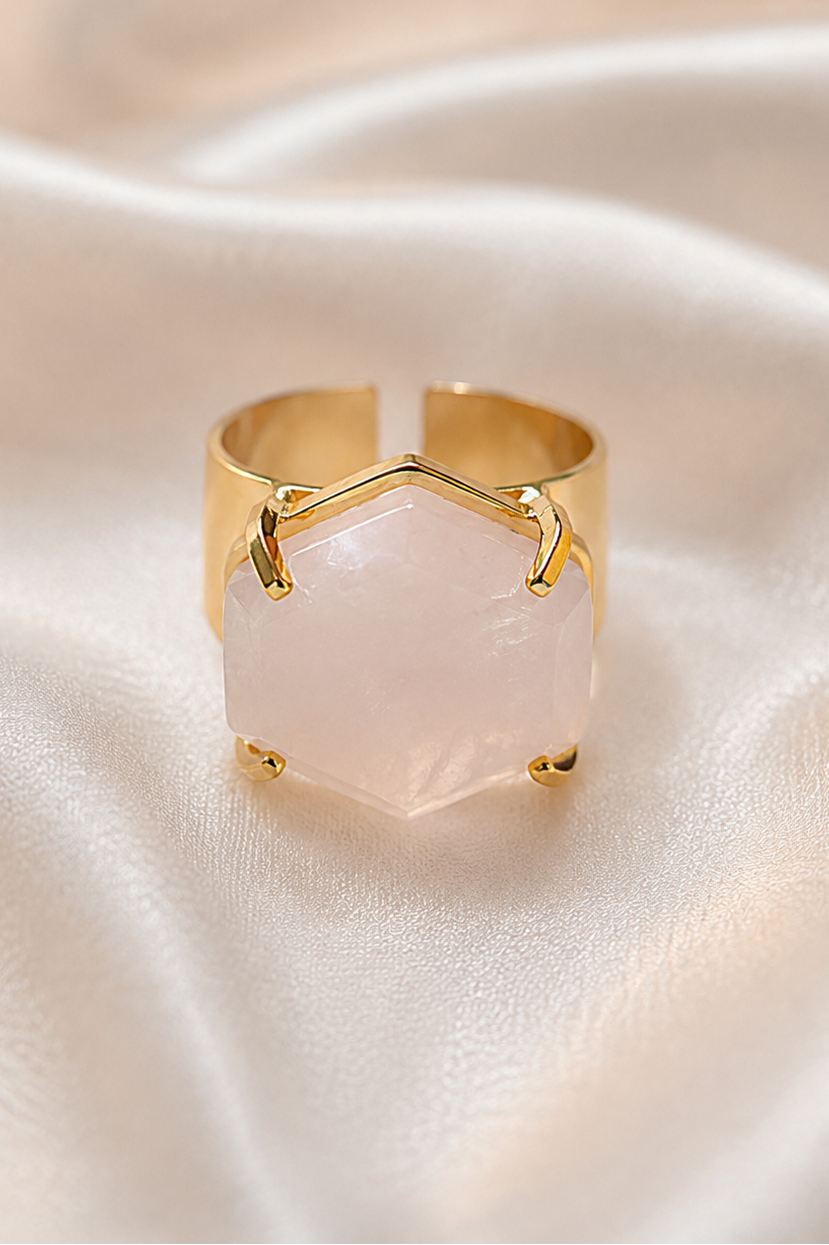 Large faceted hexagon Rose Quartz cuff ring with adjustable 18K gold-plated wide band