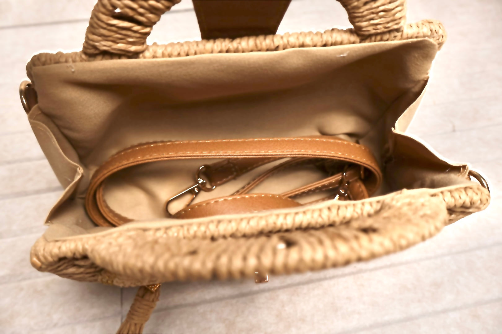 inside of rattan golden grass clutch with cotton lining AquaBrasil