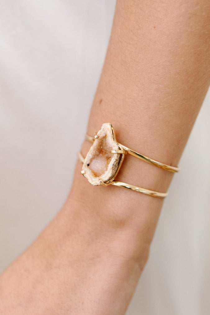 Full Geode Statement Cuff Bracelet — Genuine Natural Stone, 18K Gold Plated, Adjustable & Hypoallergenic