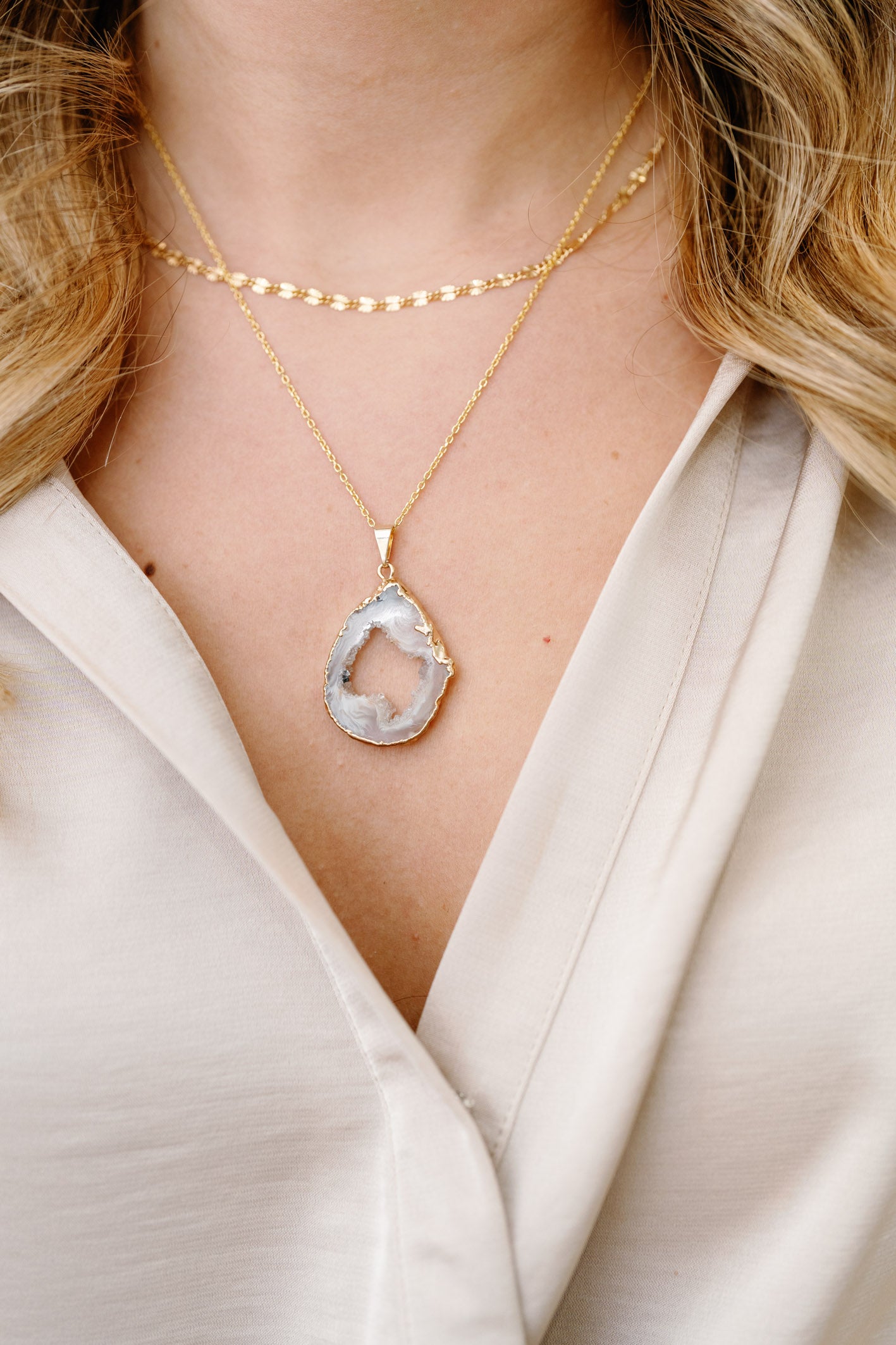 Geode Slice Pendant — Dark & Light Natural Stones with 18K Gold Hand-Painted Edges, One-of-a-Kind Jewelry