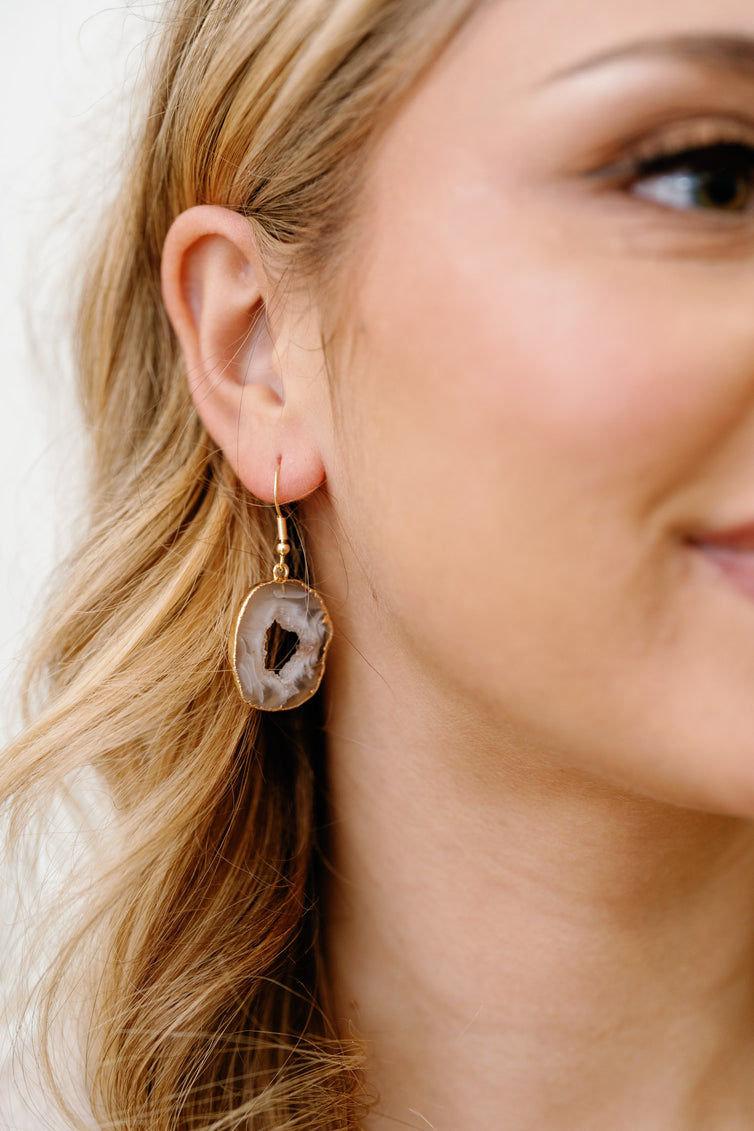 Geode Slice Dangle Earrings — 18K Gold Plated Hooks & Hand-Painted Edges, Natural Statement Gemstone Jewelry