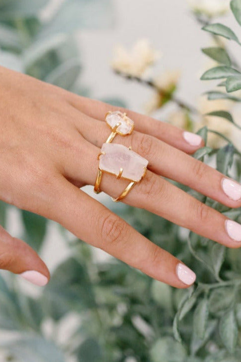 Rose Quartz Faceted Cocktail Ring — Genuine Gemstone, 18K Gold Plated, Handcrafted Statement Jewelry