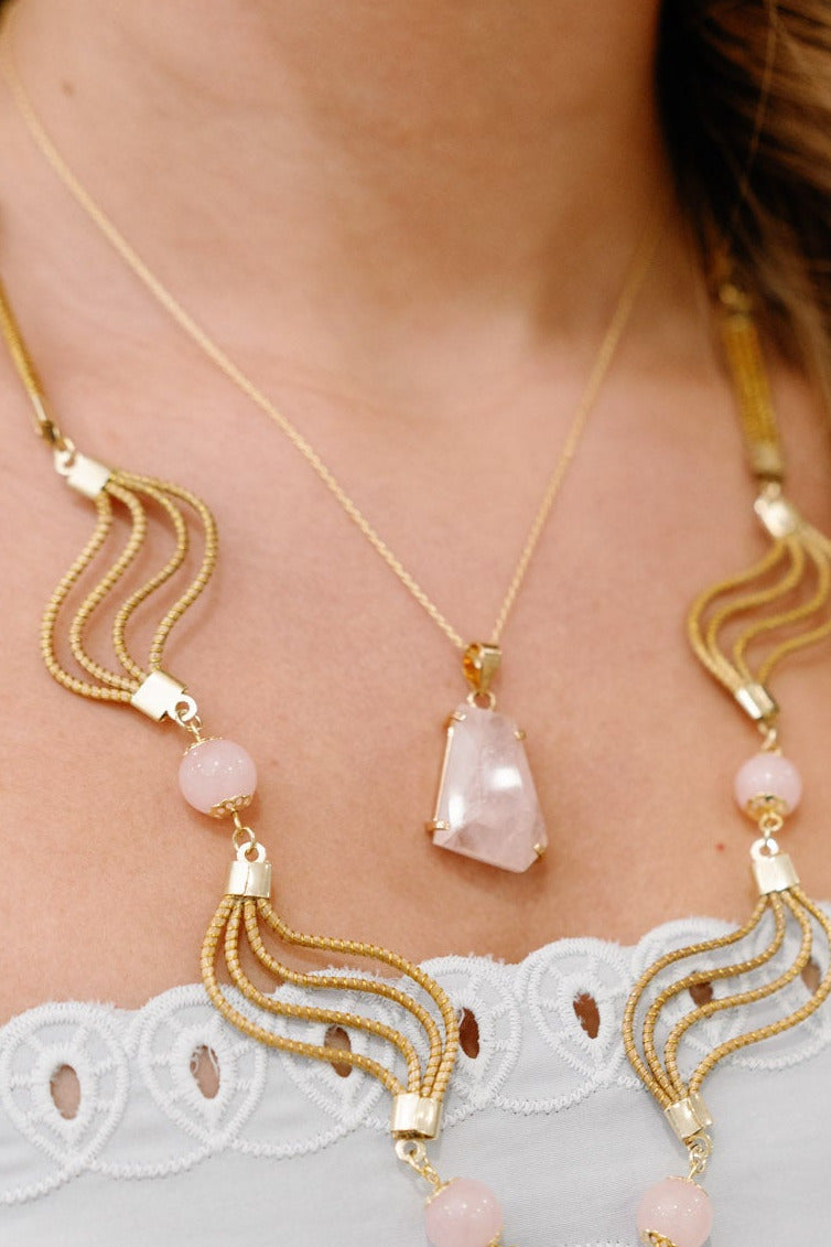 Faceted Freeform Genuine Quartz Pendant – Clear Quartz, Rose Quartz & Amethyst