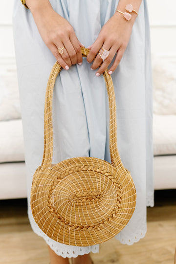 Isadora Bag — Round Handwoven Golden Grass Design