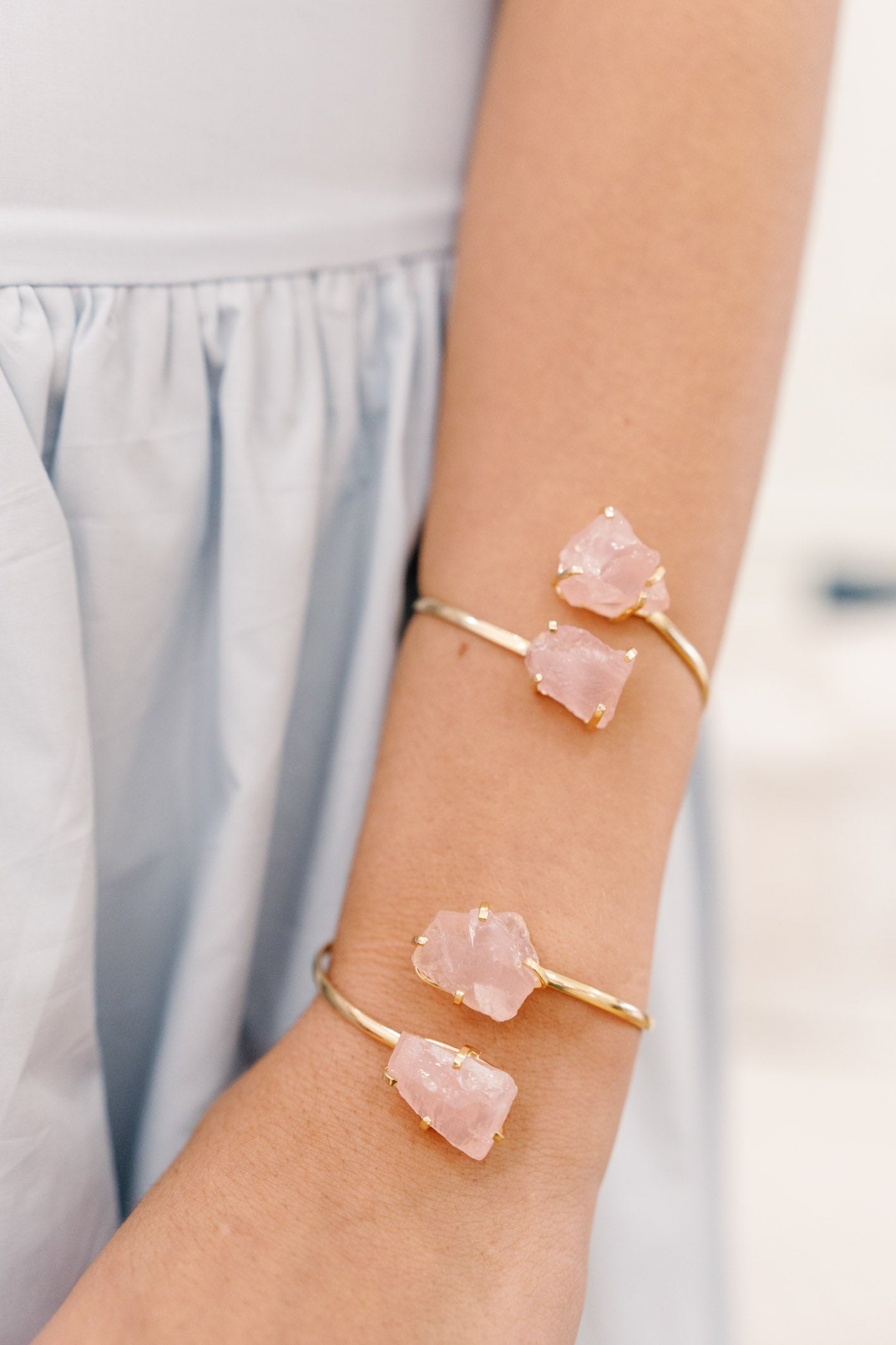 Rose Quartz Open Bangle Bracelet — 18K Gold Plated with Two Raw Rose Quartz Stones, Adjustable & Hypoallergenic