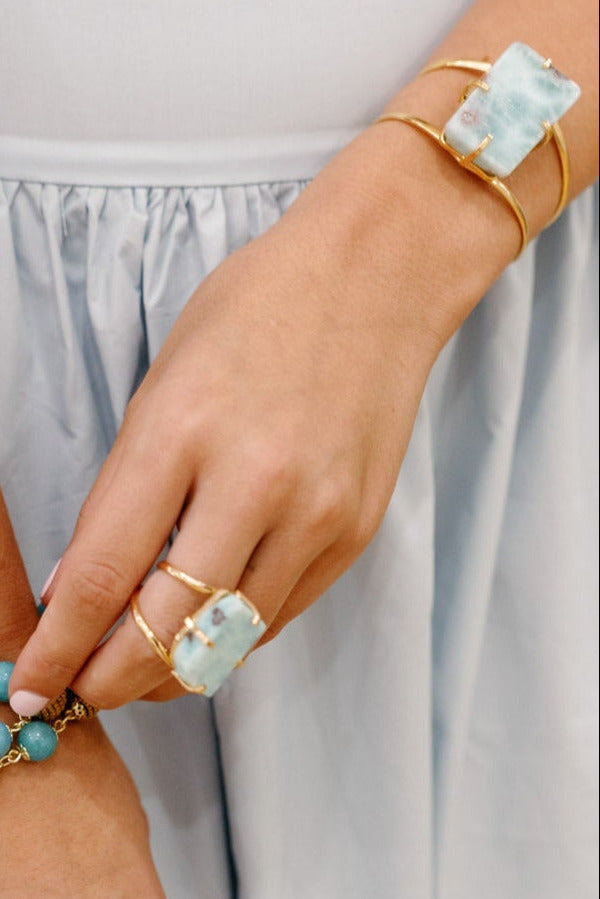 Larimar Open Cuff Ring — Arc Design with Genuine Caribbean Stone, 18K Gold Plated & Adjustable