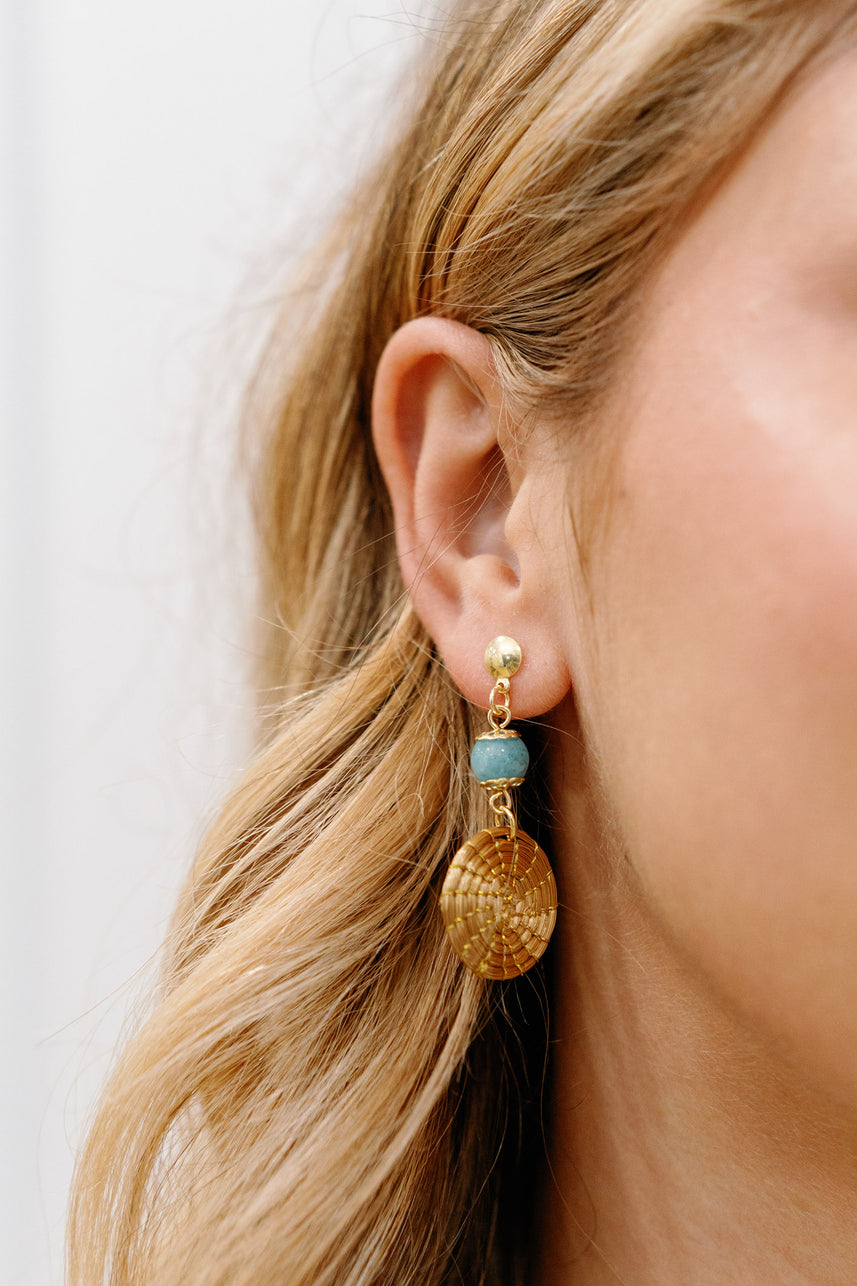 Golden Grass Mandala Earrings with Blue Amazonite — Handwoven in Brazil with 18K Gold Plated Accents