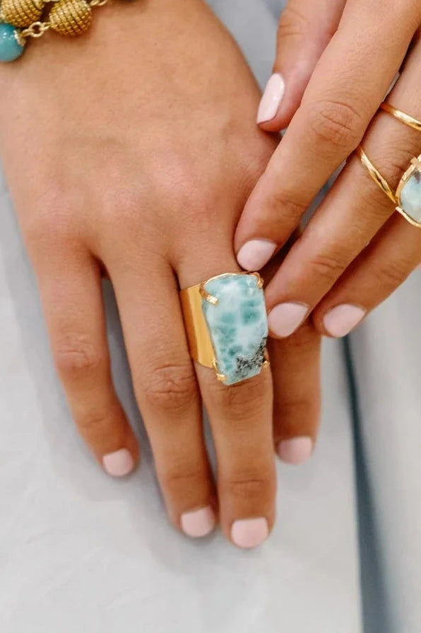 Larimar Cocktail Cuff Ring — Genuine Caribbean Gemstone, 18K Gold Plated, Adjustable Statement Jewelry