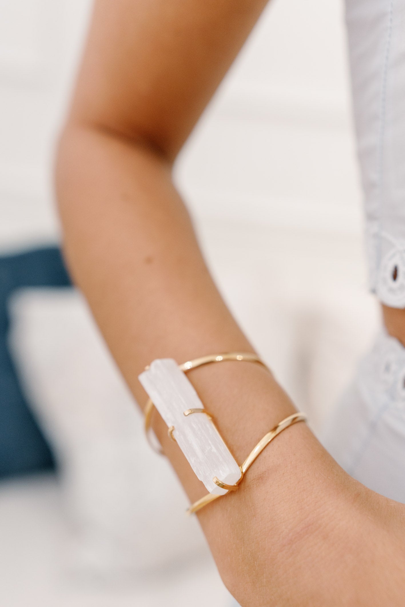 Selenite Cuff Bracelet — Adjustable 18K Gold Plated Crystal Healing Jewelry, Hypoallergenic Luxury Accessory