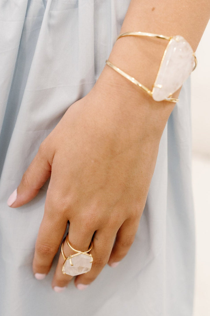 Clear Quartz Statement Ring — 18K Gold Plated, Genuine Natural Gemstone Adjustable Jewelry