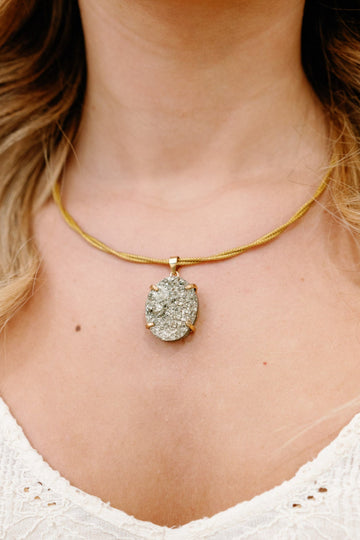 Natural Pyrite Pendant on Golden Grass Choker – 18K Gold Accents