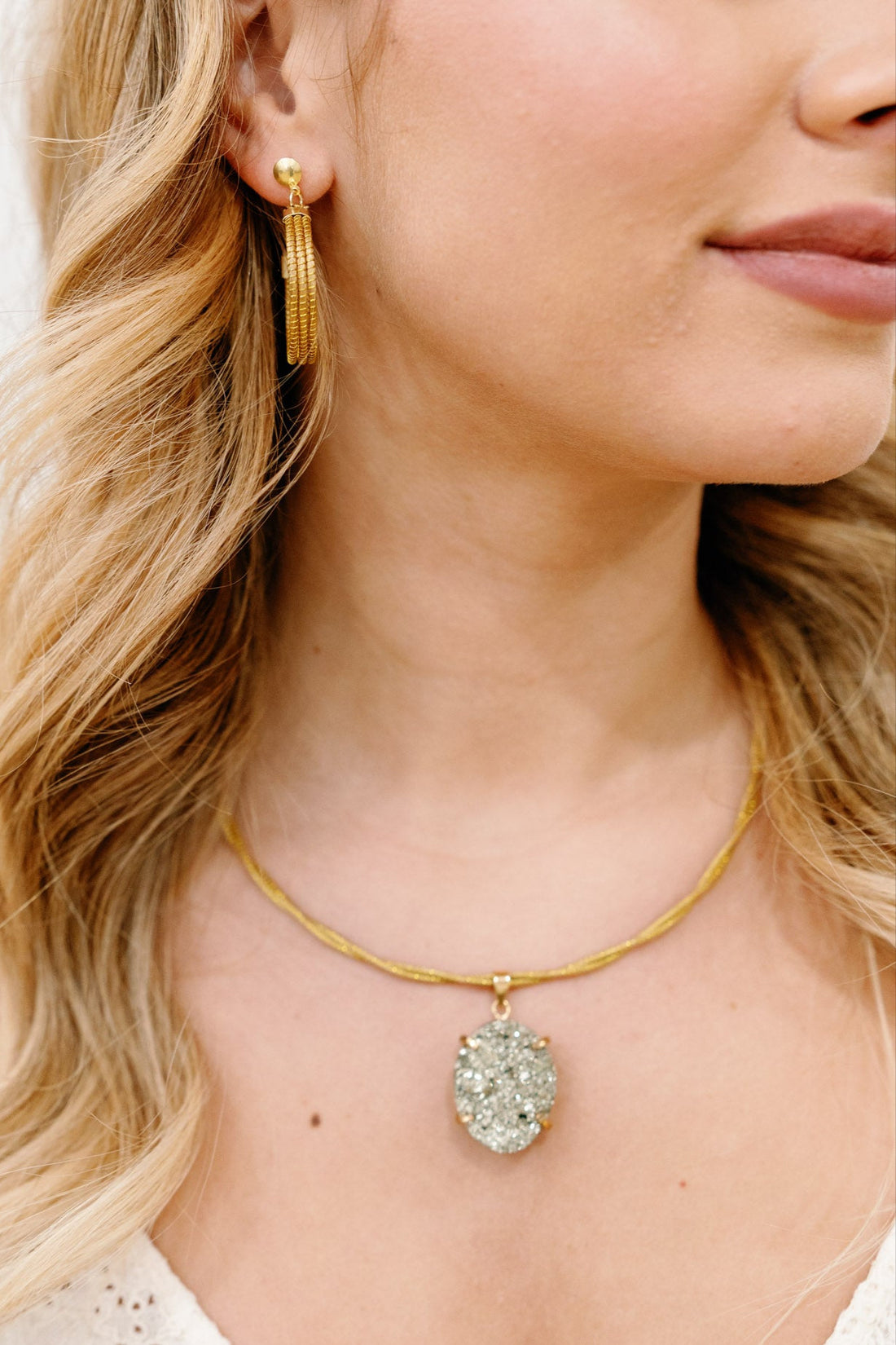 Natural Pyrite Pendant on Golden Grass Choker – 18K Gold Accents