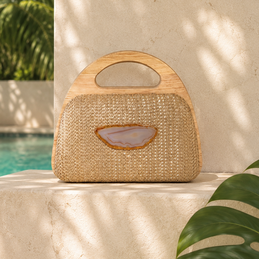 Natural agate wood handle handbag featuring a statement agate stone and removable gold chain strap.