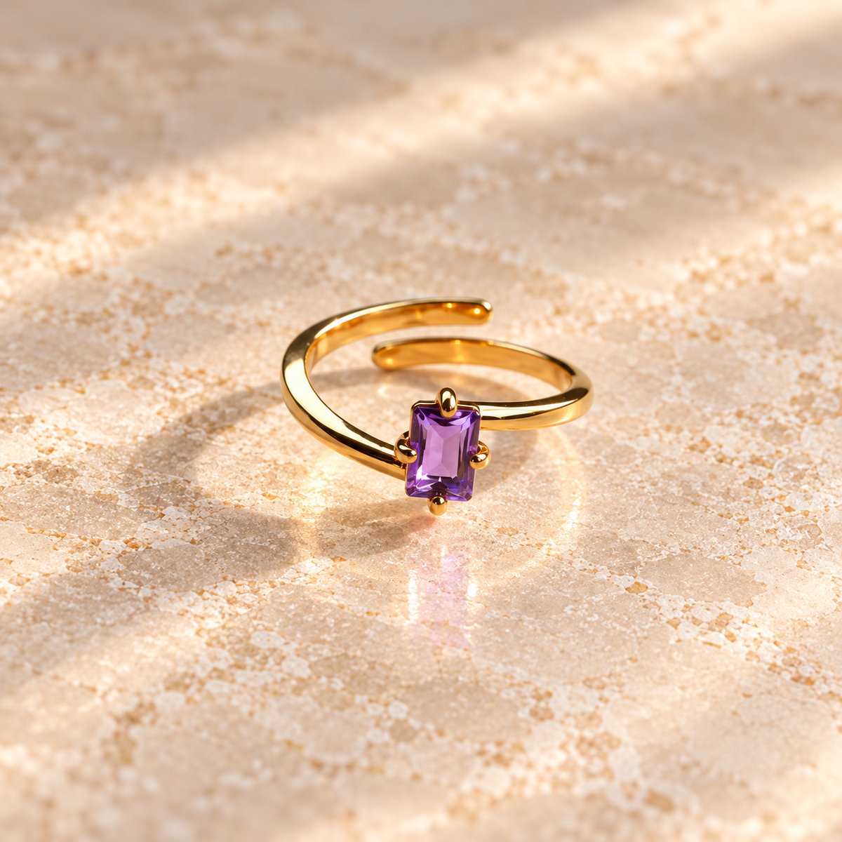 Natural Amethyst rectangular faceted solitaire ring with 18K gold-plated adjustable band