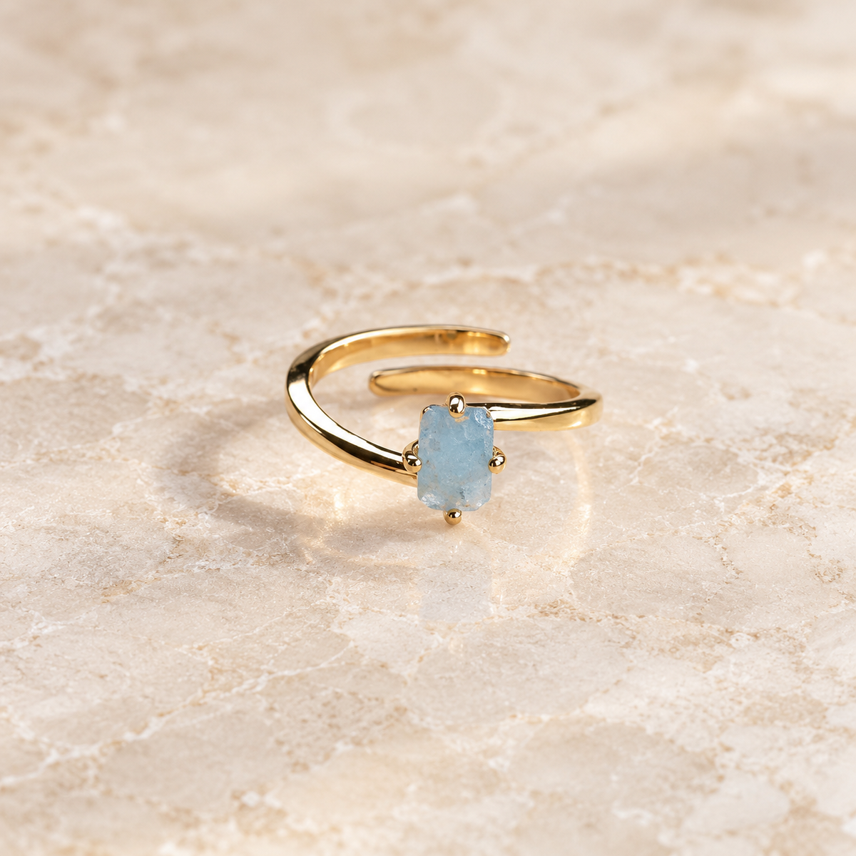 Natural Aquamarine rectangular faceted solitaire ring with 18K gold-plated adjustable band