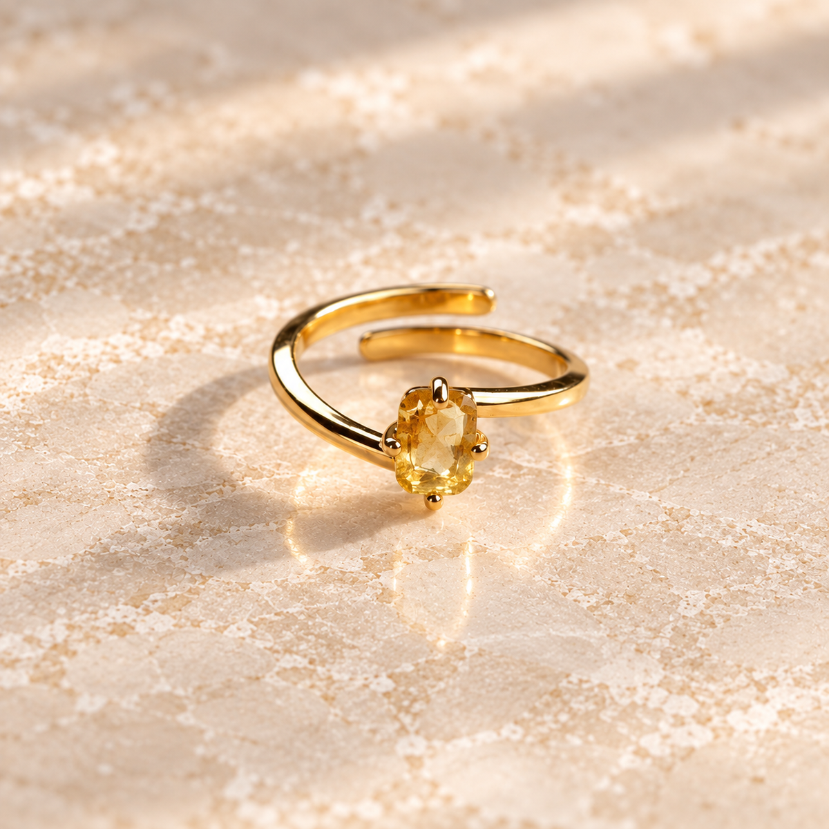 Natural Citrine rectangular faceted solitaire ring with 18K gold-plated adjustable band