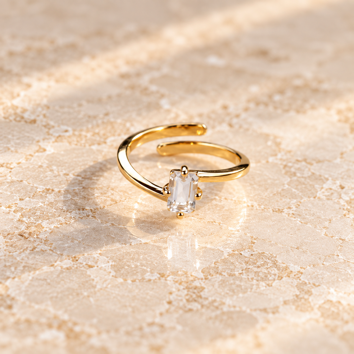 Natural Clear Quartz rectangular faceted solitaire ring with 18K gold-plated adjustable band