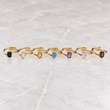 Natural gemstone rectangular solitaire rings in Emerald, Clear Quartz, Citrine, Aquamarine, Amethyst, Rose Quartz and Smoky Quartz