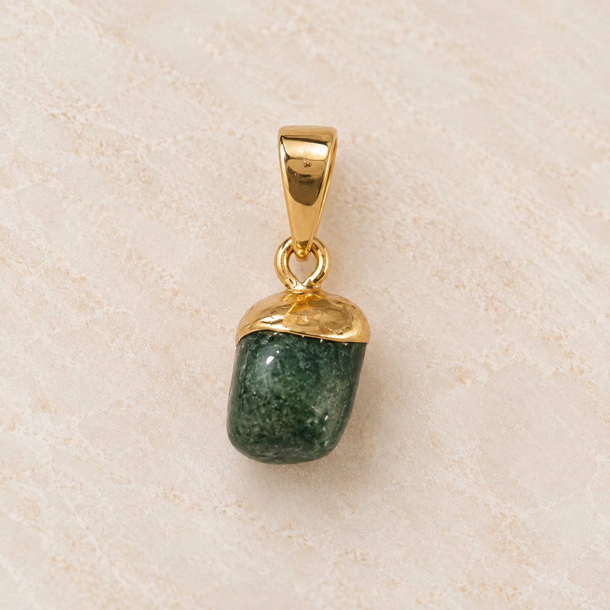 Small polished green quartz gemstone pendant with organic shape and gold-plated finish