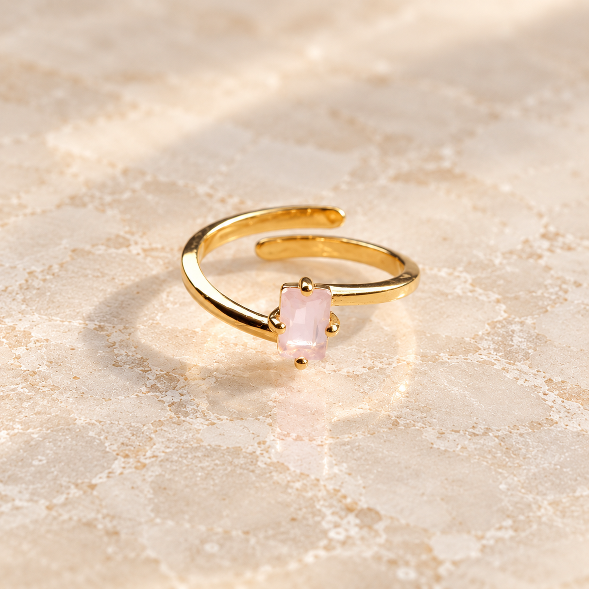 Natural Rose Quartz rectangular faceted solitaire ring with 18K gold-plated adjustable band