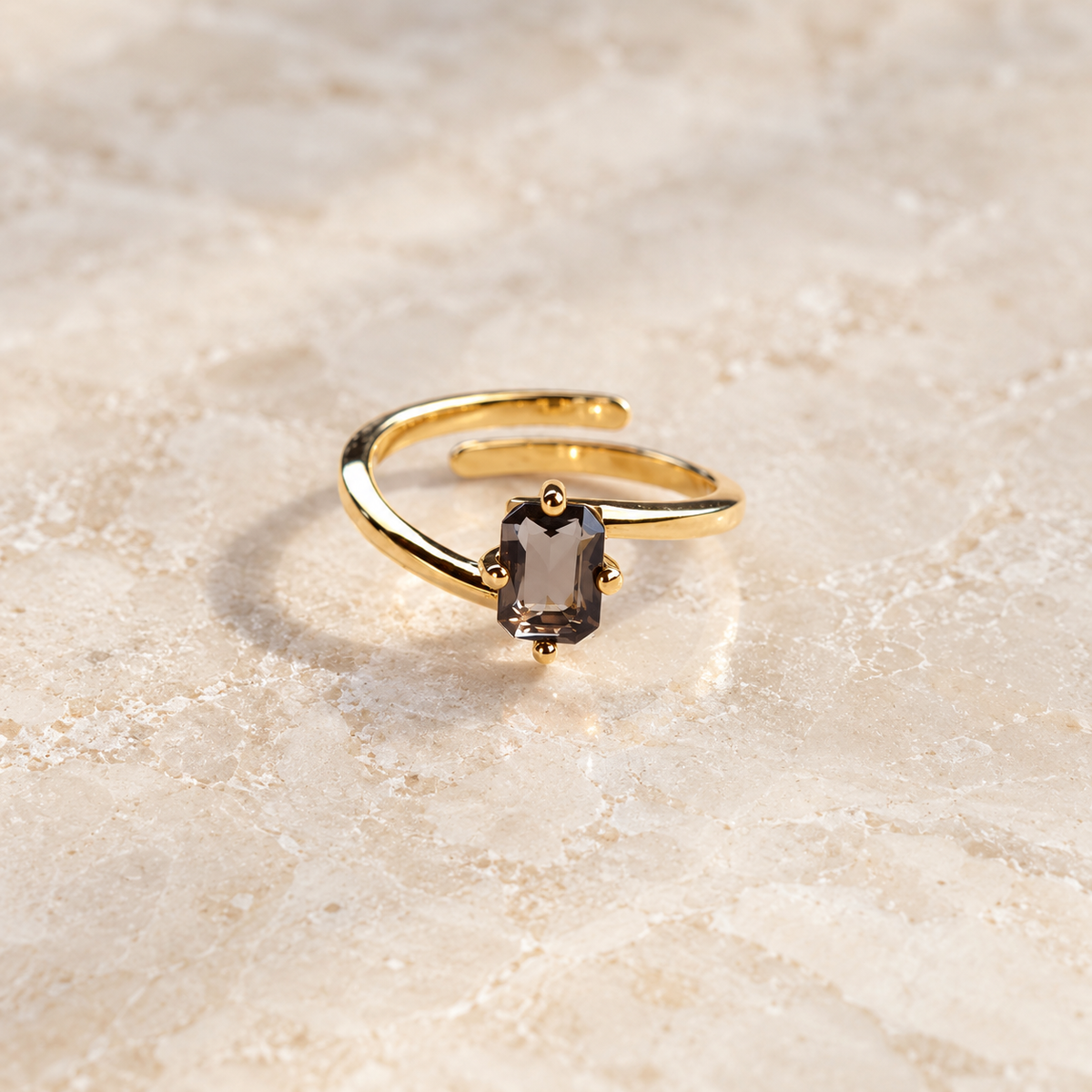 Natural Smoky Quartz rectangular faceted solitaire ring with 18K gold-plated adjustable band