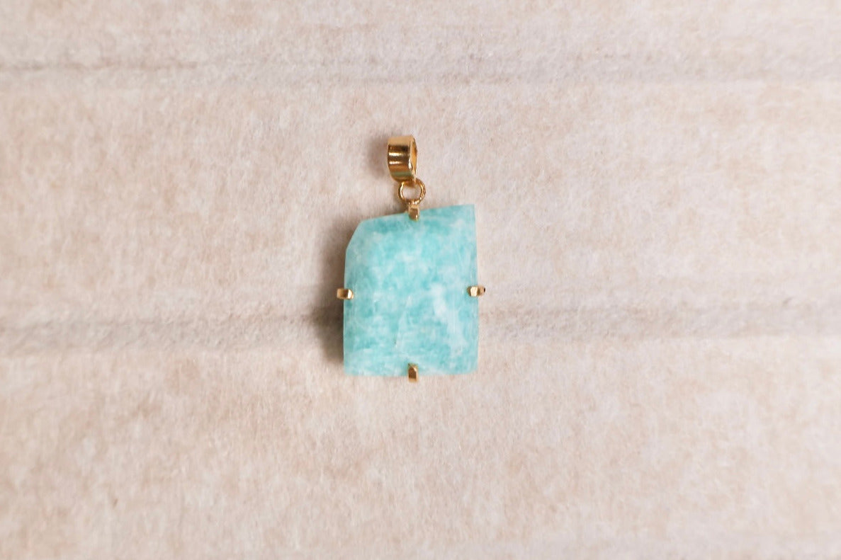 free form blue amazonite statement pendant set in 18k gold plated frame handcrafted by AquaBrasil