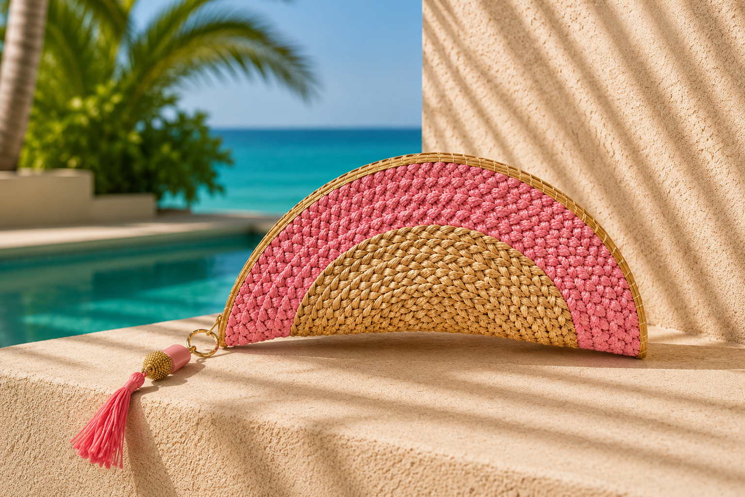 Pink and natural golden grass half moon clutch with tassel charm and zipper closure.
