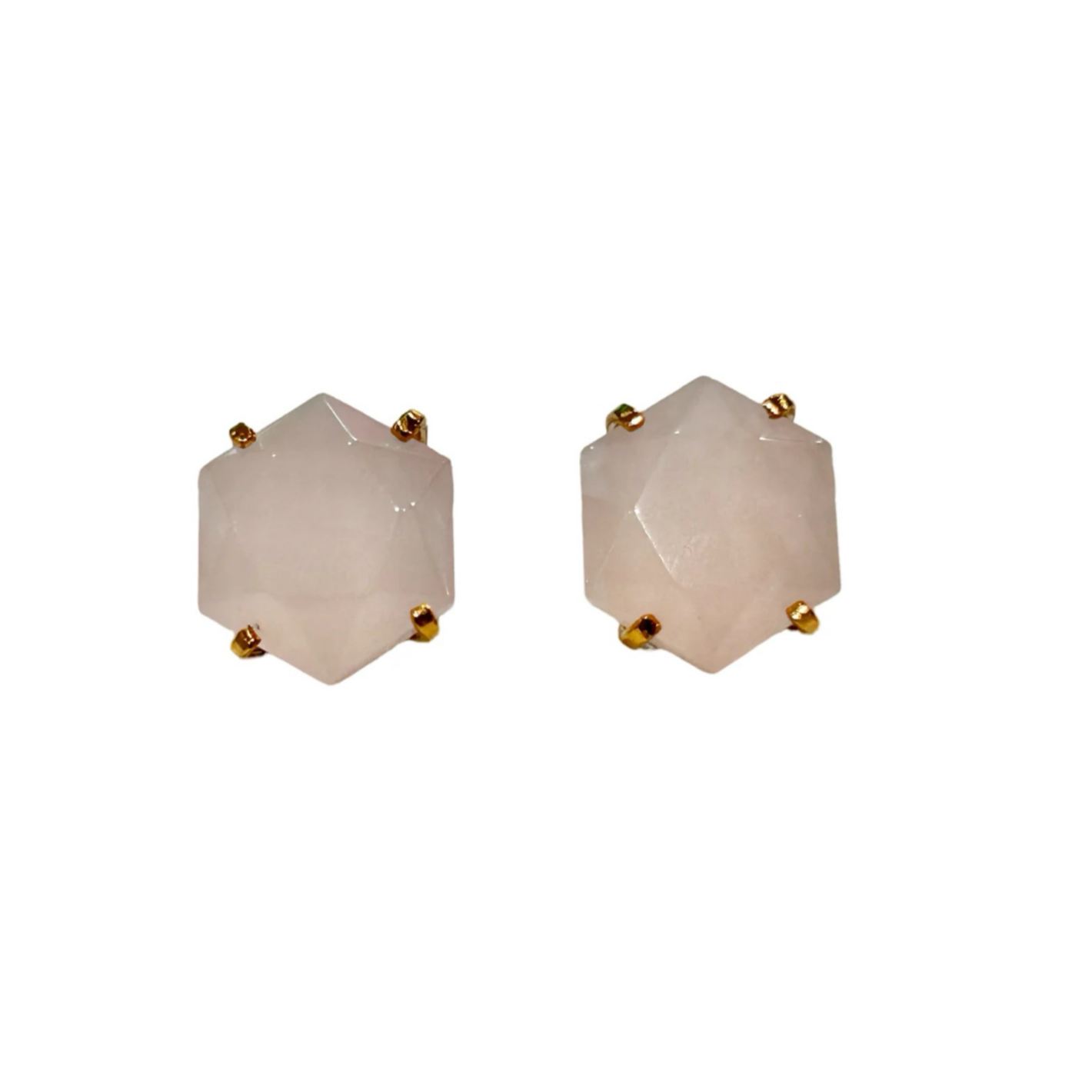 Rose Quartz Hexagon Statement Stud Earrings — 18K Gold Plated, Natural Gemstone Jewelry