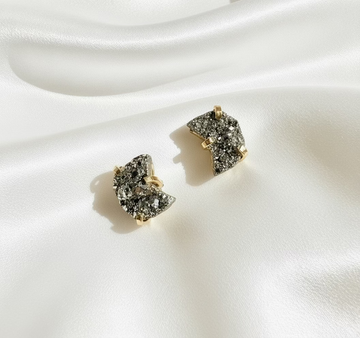 moon shaped pyrite stud earrings natural metallic stone with 18k gold plated details handcrafted by AquaBrasil