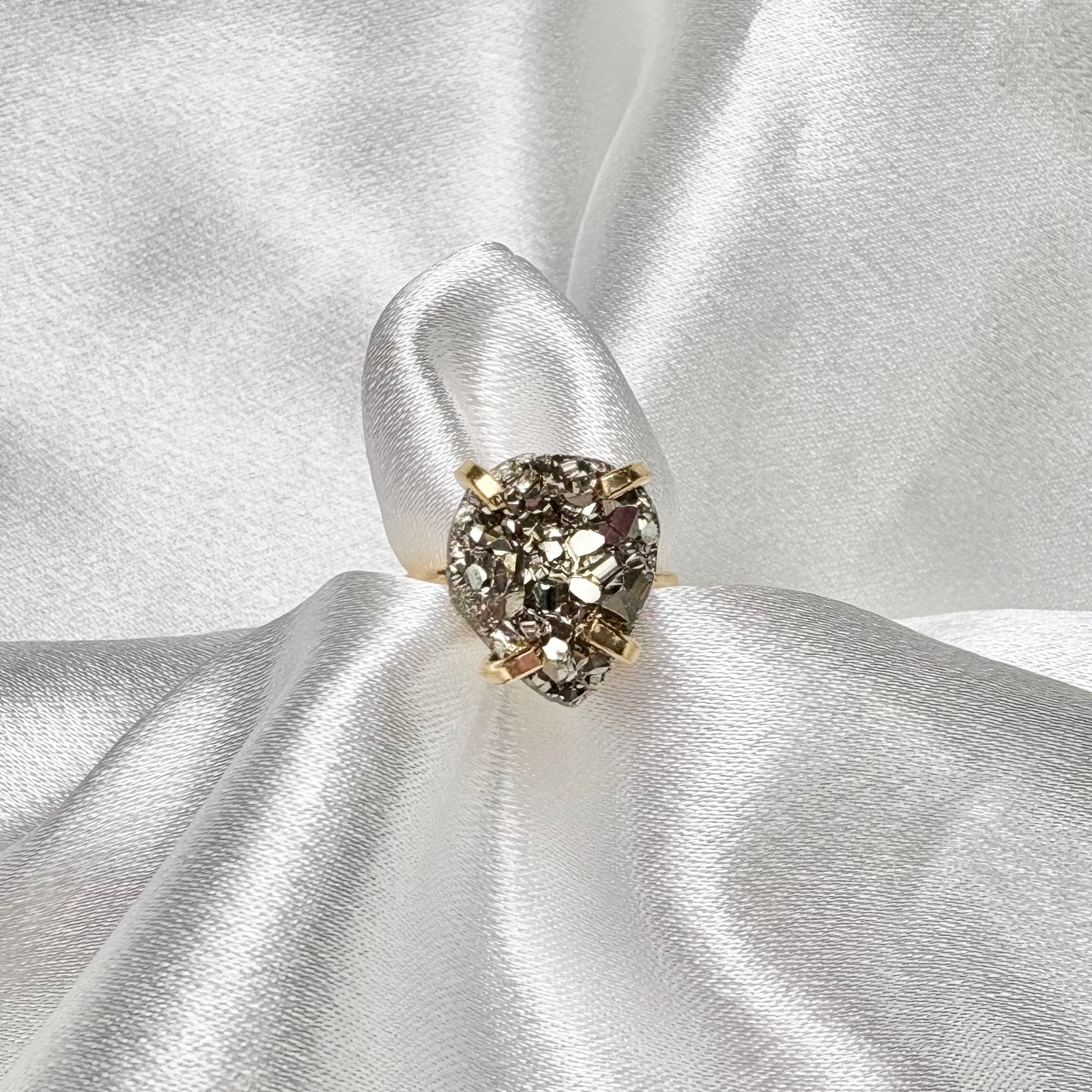 pyrite tear drop ring natural stone on 18k gold plated adjustable band handcrafted by AquaBrasil