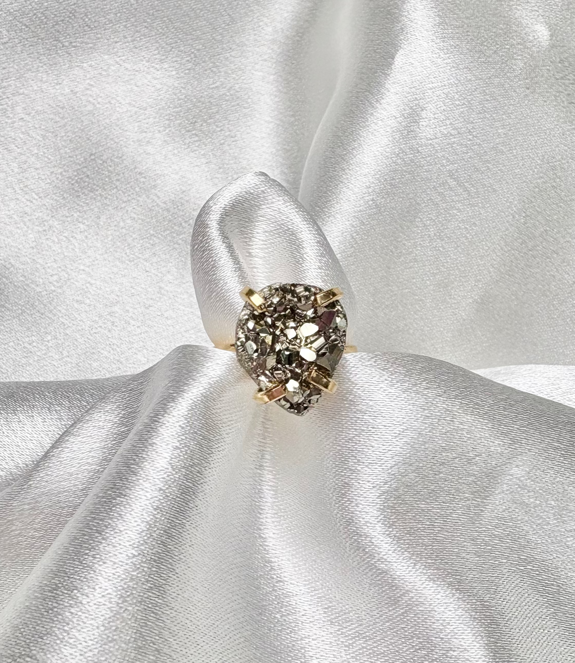 pyrite tear drop ring natural stone on 18k gold plated adjustable band handcrafted by AquaBrasil