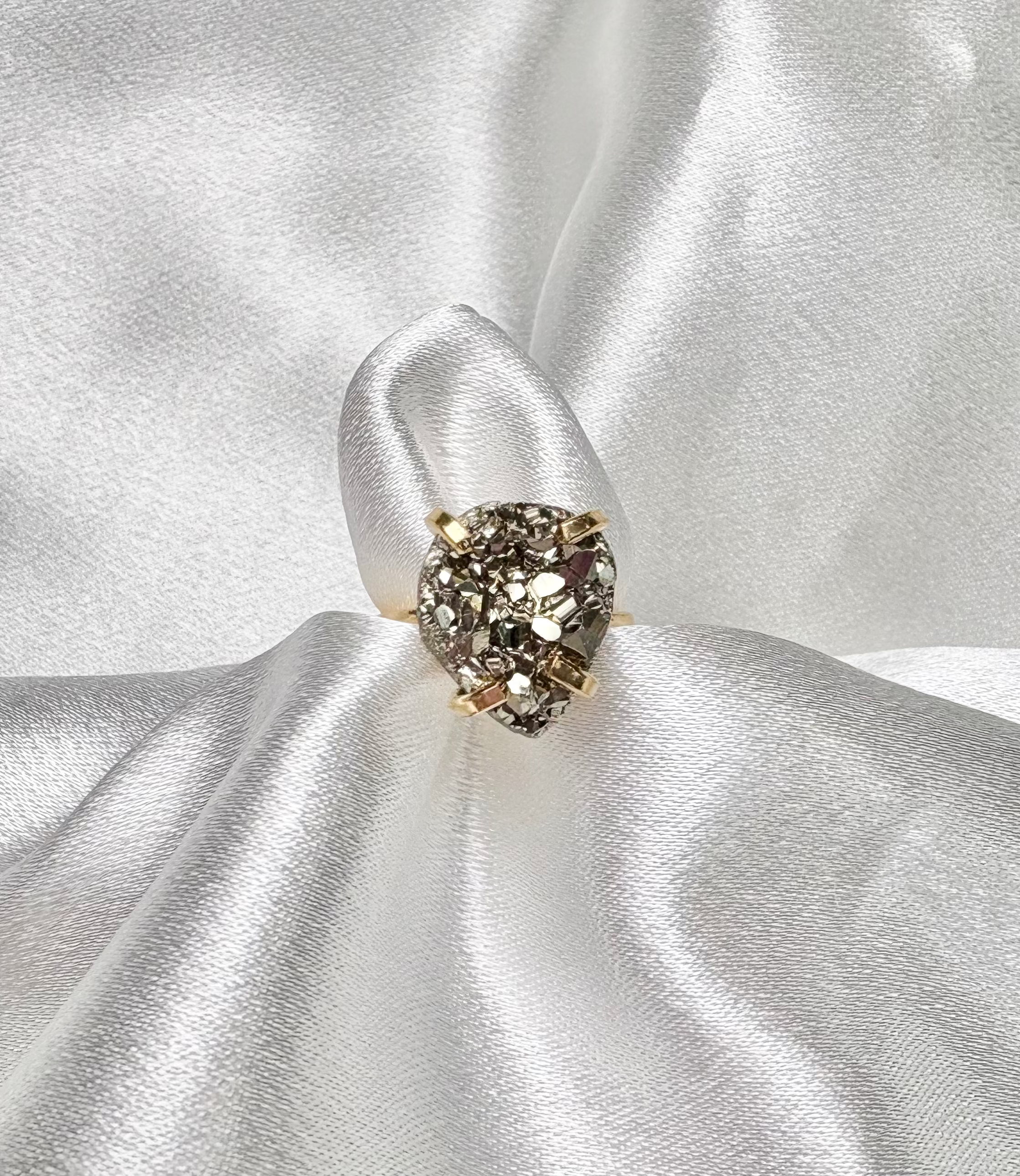 pyrite tear drop ring natural stone on 18k gold plated adjustable band handcrafted by AquaBrasil