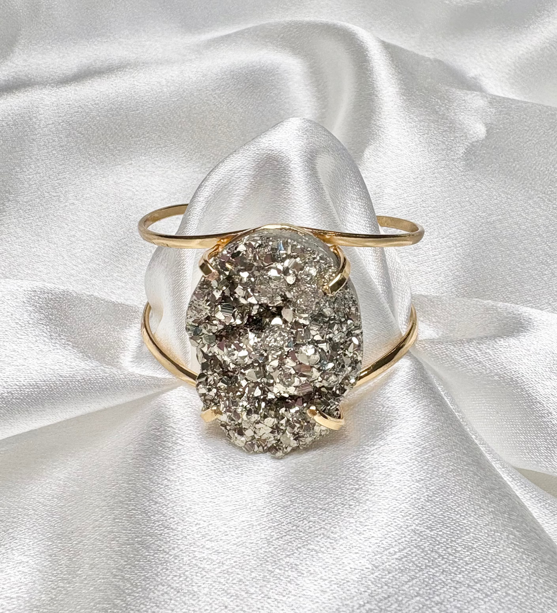 statement pyrite cuff with large oval natural stone on 18k gold plated adjustable band handcrafted by AquaBrasil