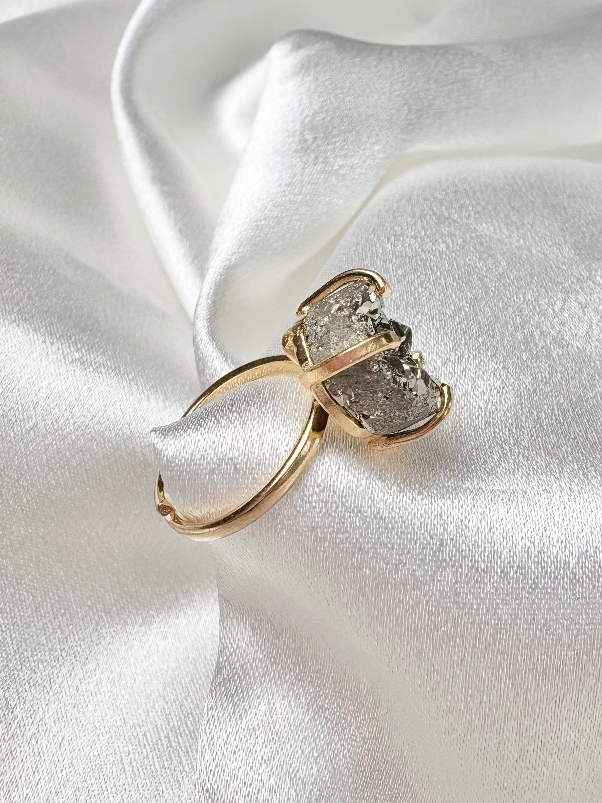 pyrite tear drop ring displayed flat 18k gold plated adjustable band AquaBrasil jewelry