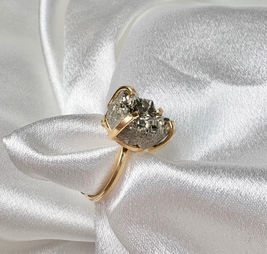 pyrite tear drop ring natural stone on 18k gold plated adjustable band handcrafted by AquaBrasil