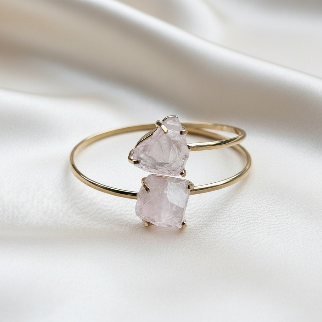 bangle bracelet with two raw rose quartz stones on 18k gold plated adjustable band handcrafted by AquaBrasil