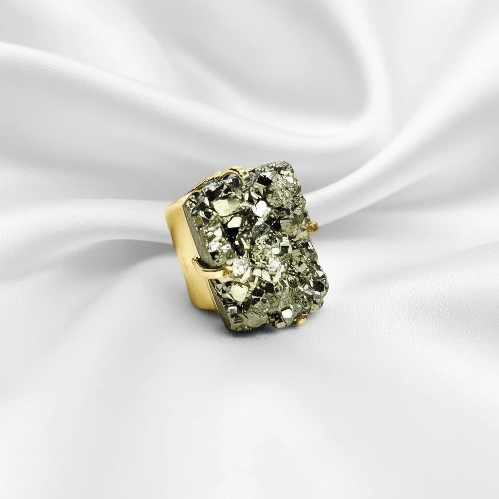 rectangular pyrite statement cuff ring displayed flat natural stone 18k gold plated adjustable band AquaBrasil jewelry
