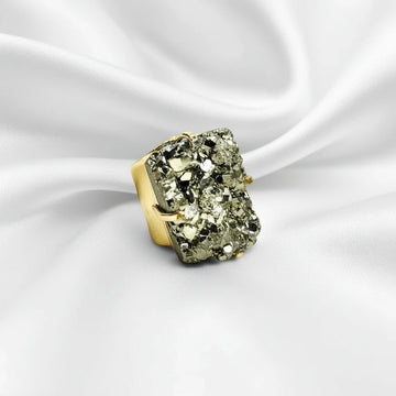 rectangular pyrite statement cuff ring displayed flat natural stone 18k gold plated adjustable band AquaBrasil jewelry