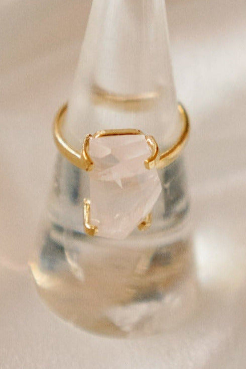 Natural Rose Quartz free-form faceted solitaire ring with adjustable 18K gold-plated band