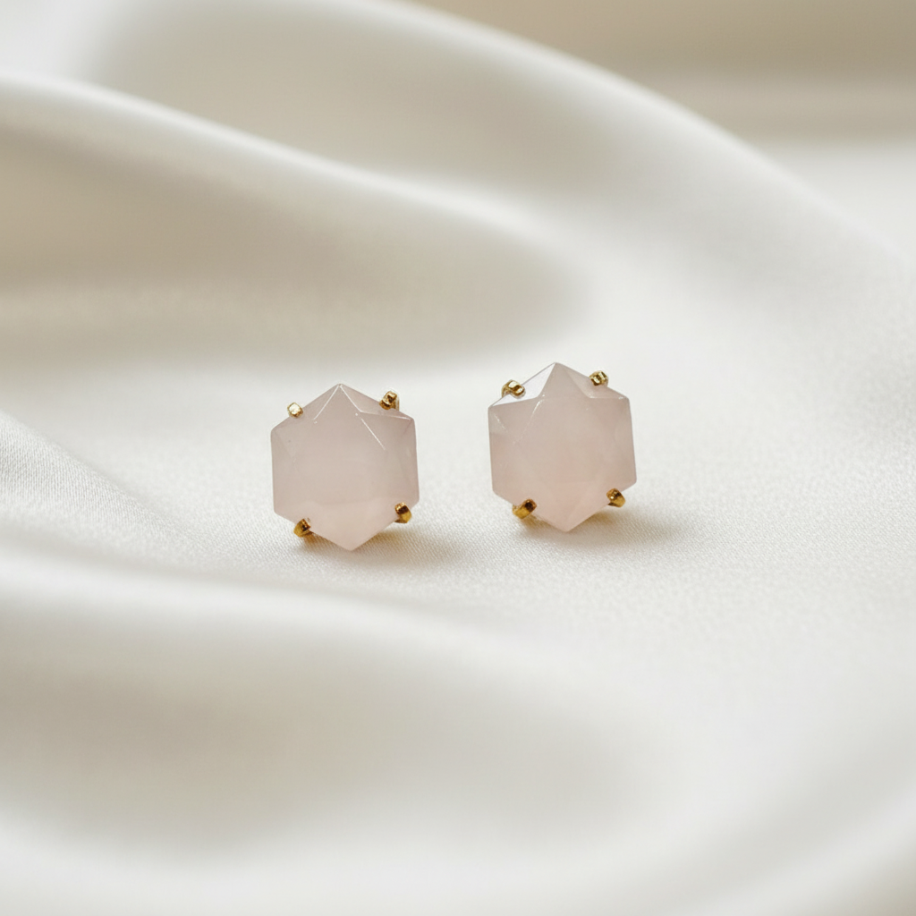 rose quartz hexagon earrings with natural faceted pink stones and 18k gold plated details handcrafted by AquaBrasil