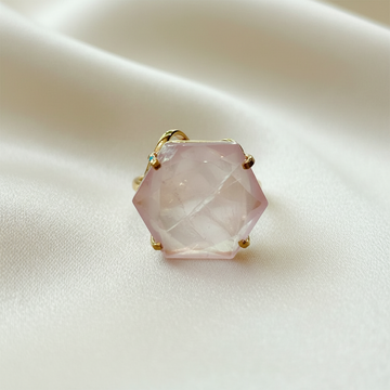 large hexagon rose quartz ring with natural faceted stone on 18k gold plated adjustable band handcrafted by AquaBrasil