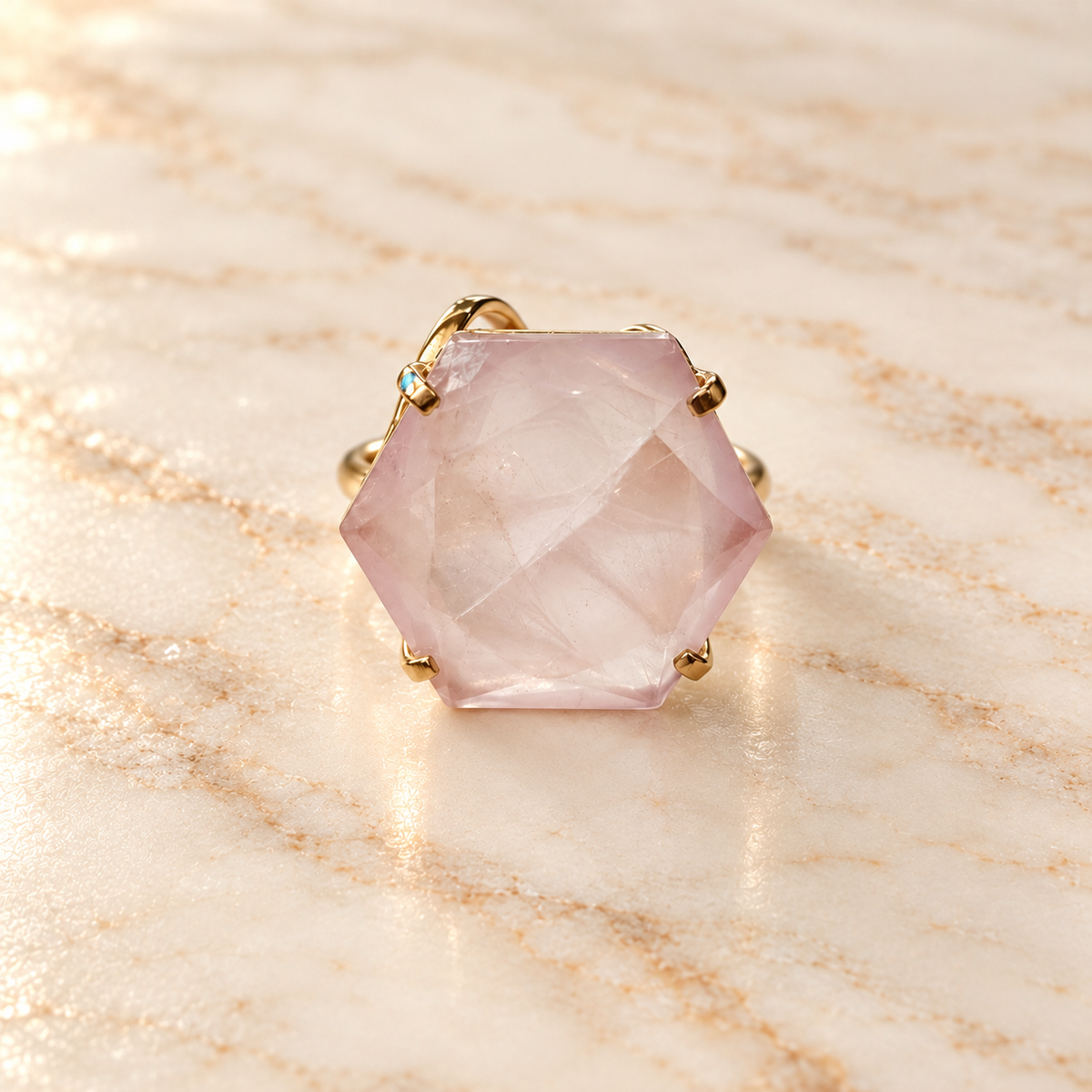 Rose Quartz Cocktail Ring – Large Hexagon Faceted Gemstone, 18K Gold Plated