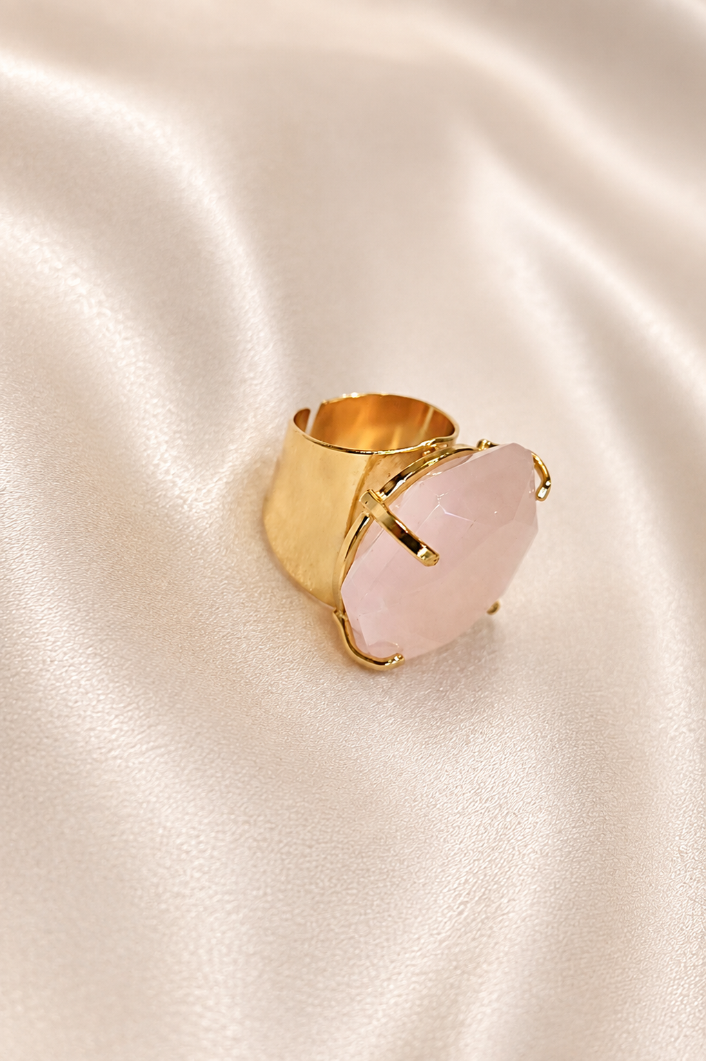 Rose Quartz Cuff Ring — Large Hexagon Faceted Gemstone, 18K Gold Plated
